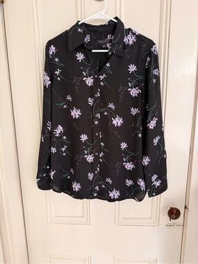 Banana Republic Black Button-Down Top with Lavender Floral Print